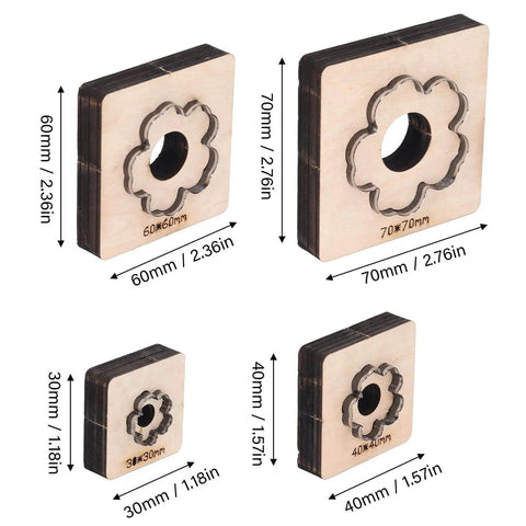Plum Blossom Shaped Leather Die Cutter 4 Piece Set For Handmade DIY Leather Craft with wooden base and metal punch sizes labeled
