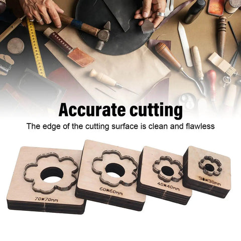 Plum Blossom Shaped Leather Die Cutter 4 Piece Set For Handmade DIY Leather Craft, boss grade punch dies on a wooden base with tools