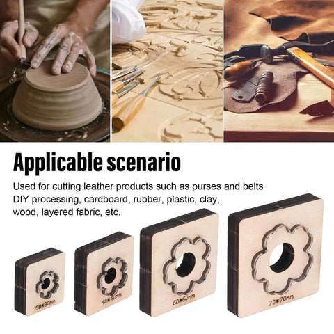 Plum Blossom Shaped Leather Die Cutter 4 Piece Set For Handmade DIY Leather Craft displayed with applicable materials and usage details.