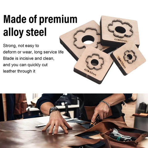 Plum Blossom Shaped Leather Die Cutter 4 Piece Set For Handmade DIY Leather Craft, durable alloy steel, wooden base.