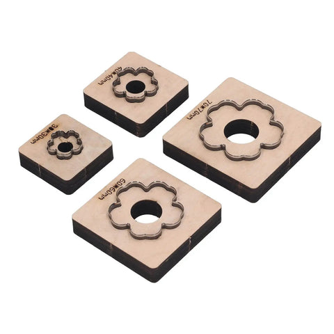 Plum Blossom Shaped Leather Die Cutter 4 Piece Set For Handmade DIY Leather Craft, alloy steel punch on wooden base visible