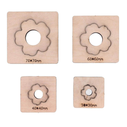 Plum Blossom Shaped Leather Die Cutter 4 Piece Set For Handmade DIY Leather Craft in various sizes with wooden bases.