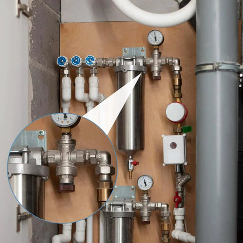 Water filtration system installation with visible pipe connections; close-up of Silicone Seal Ring Washer Set For 1 And A Half Inch Drain Pipes Ten Pack in use.