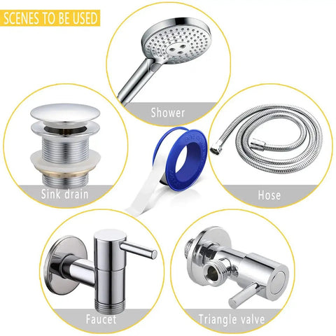 Scenes for using Eight Rolls Half Inch Wide PTFE Plumbing Tape 520 Inches Long, with faucet, shower, hose, and sink drain examples