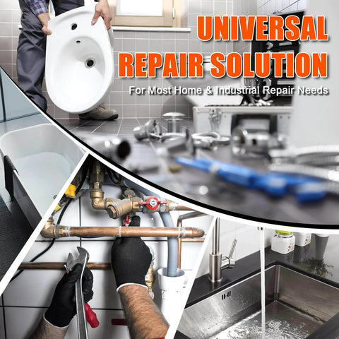 Collage showing plumbing tools, pipe repairs, and a bathroom sink for Universal Repair Solution use.