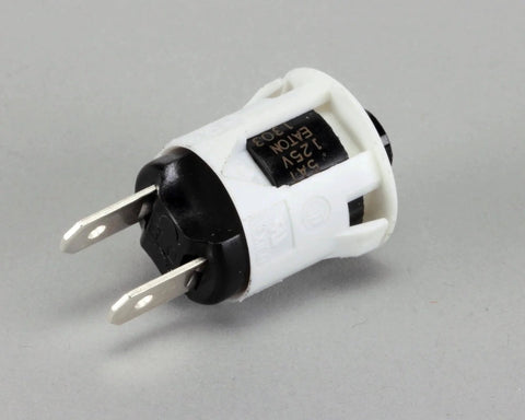 Plunger Switch Hinge Genuine OEM Replacement Part For Commercial Refrigerators in white and black plastic from side view