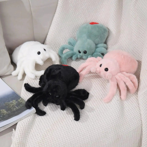 White Spider Plush Stuffed Animal Toy For Kids With Ultra Soft 9.8 Inch Jumping Spider Plushie shown with other colored plushies
