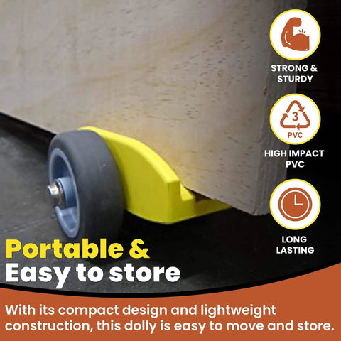 Close-up of a Compact Plywood and Drywall Dolly showing high-impact PVC wheel design for easy transport.