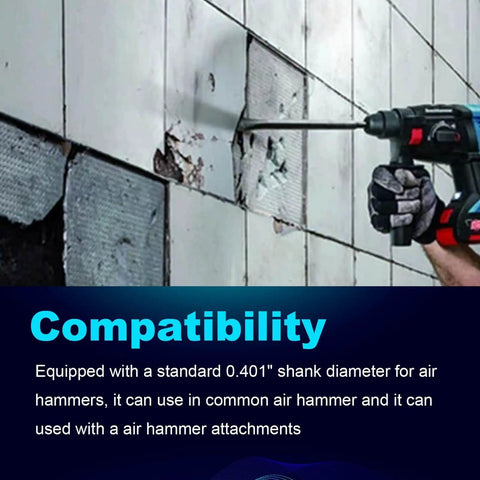 Pneumatic Air Chisel Set With Air Hammer Spring used on tile wall, showing 0.401 inch shank compatibility with standard hammers