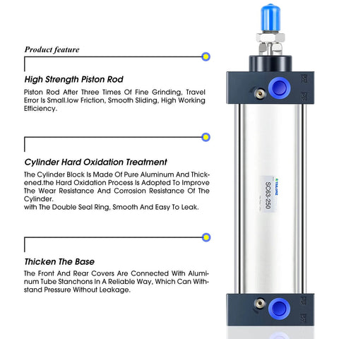 Image of PNEUMATIC Air Cylinder SC 63-250 PT 3/8; Bore: 2 1/2 inch, Stroke: 10 inch, shown vertically with aluminum finish.