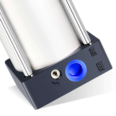 Close-up of PNEUMATIC Air Cylinder SC 63-250 PT 3/8; Bore: 2 1/2 inch, Stroke: 10 inch, showing aluminum body and port.