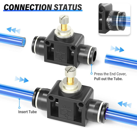 TAILONZ pneumatic inline air flow control valve with push-to-connect fittings, 1/4 in tube OD