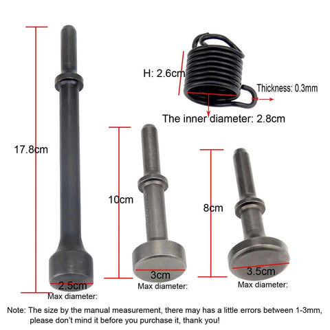 3Pcs Smoothing Pneumatic Air Hammer Pneumatic Chisel bit Set with spring, showing measurement details.