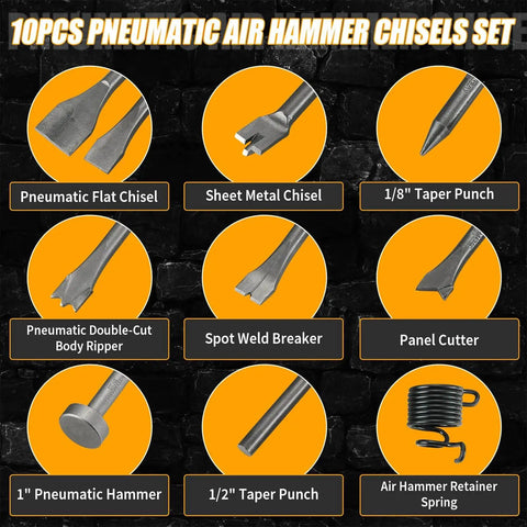 Image showing 10 Piece Pneumatic Air Hammer Chisel Set For Demolition And Metal Shaping, Heavy Duty High Carbon Steel with labeled tools.