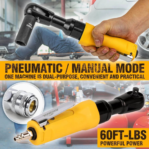 Person holding yellow 3/8-Inch Air Ratchet Wrench, Professional Pneumatic Ratchet Wrenches for Auto Maintenance and Repair Work, Maximum Torque 60 FT-LBS, with close-ups of attachments.