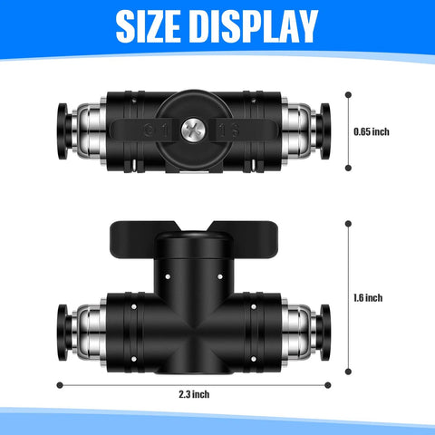 Pneumatic ball valve with push-to-connect, 1/4 in OD fittings, black body with silver connectors, shown in front and side views