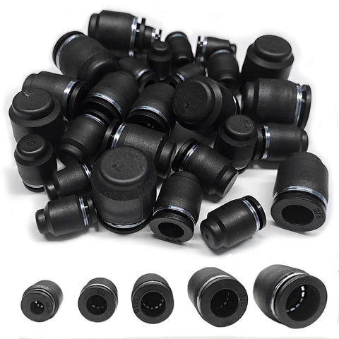 30 Pack Pneumatic Cap Style Plug Fittings Set With Push To Connect Air Line Plugs For Five Thirty Second Inch One Quarter Inch Five Sixteenth Inch Three Eighth Inch And One Half Inch Tubing Durable PBT Body POM Release Button Zinc Alloy Ferrule
