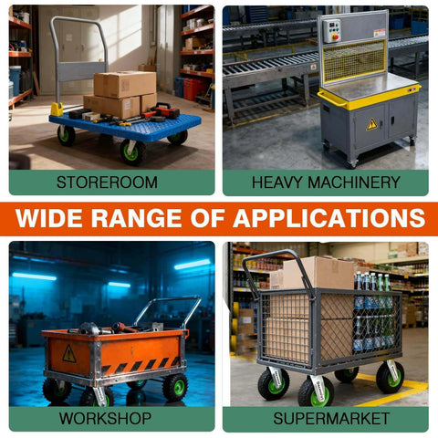 10 inch pneumatic caster wheels set of 4 with heavy duty air tires showcased in varied applications: storeroom, workshop, heavy machinery, supermarket.