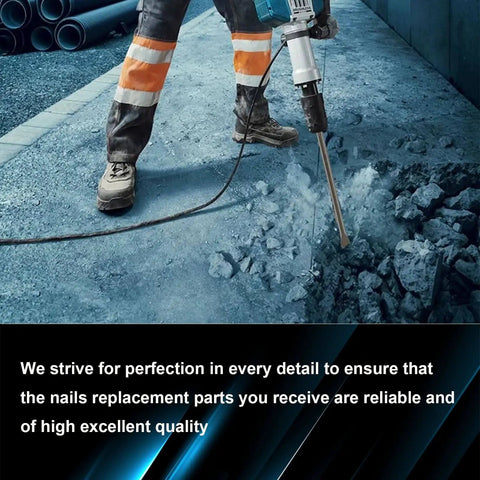 Worker using beefy pneumatic cold chisel set 18 inch long with flat and point chisels air hammer for breaking concrete.