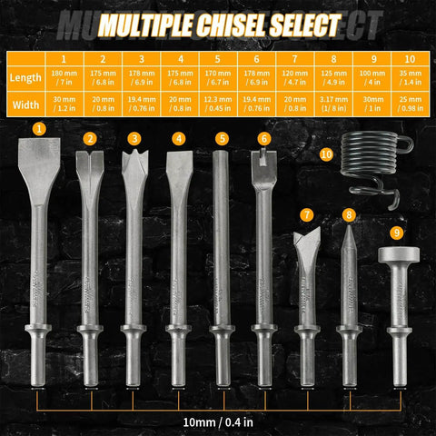 10 Piece Pneumatic Air Hammer Chisel Set For Demolition And Metal Shaping, Heavy Duty High Carbon Steel With 0.401 Inch Shank