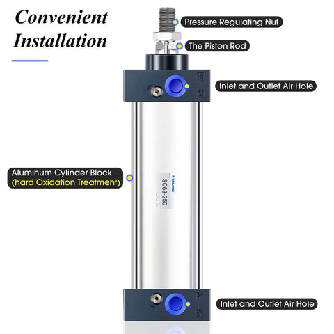 PNEUMATIC Air Cylinder SC 63-250 PT 3/8; Bore 2 1/2 inch, Stroke 10 inch, aluminum body with piston rod and air holes