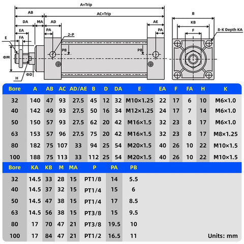 Technical diagram of PNEUMATIC Air Cylinder SC 63-250 PT 3/8; Bore: 2 1/2 inch, Stroke: 10 inch, dimensions and specifications table