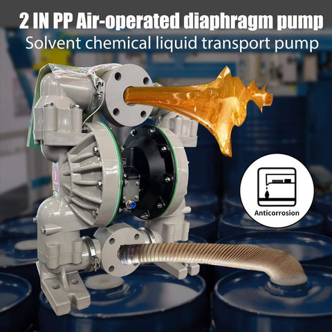 EMAGENE Air Operated Double Diaphragm Pump2 inch Inlet/Outlet Pneumatic Waste Oil Transfer Pump showcased on chemical drums