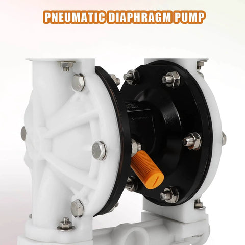 Close-up of GCCSJ Air Operated Heavy Duty Double Diaphragm Transfer Pump 1/2" Inlet and Outlet, featuring polypropylene body.
