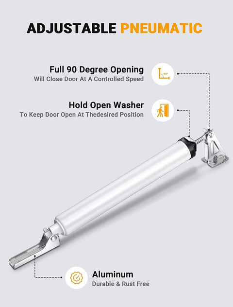 Storm Door Closer with Pneumatic Screen Door Closer and Adjustable Closing Speed, white aluminum cylinder with hold-open feature