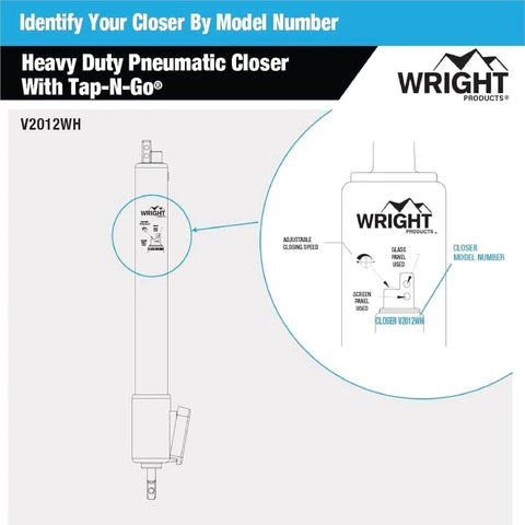 Diagram of a Heavy Duty Pneumatic Screen & Storm Door Closer with EZ-Hold, model V2012WH, showing adjustable speed features.