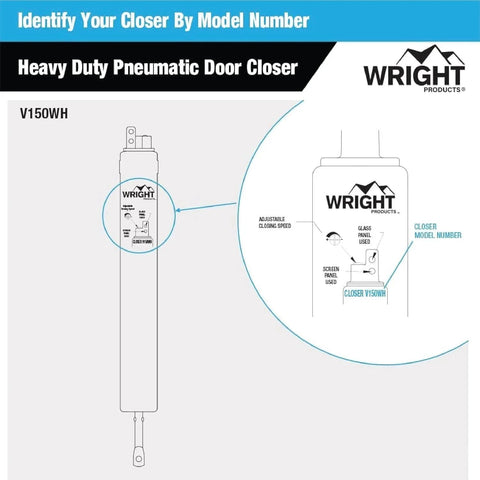 Diagram of Heavy-Duty Pneumatic Storm Door Closer showing model number and adjustable closing speed, Wright Products branding.