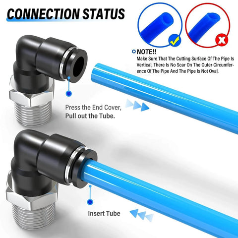 Push To Connect Pneumatic Male Elbow Fittings One Quarter Inch Tube Outer Diameter To One Quarter Inch NPT Thread 90 Degree Connector PL One Quarter N2 Pack Of Ten Copper And Plastic Construction For PU Tubing 0 To 145 Psi demonstrating connection status with blue tubing.