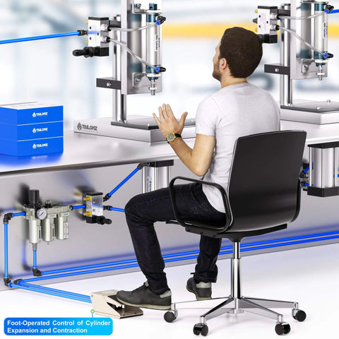Person using PNEUMATIC 1/4"NPT Pneumatic Foot Pedal Valve Kit 3 Way 2 Position Threaded Rubber Nonslip Pressure Control FV320 with 6mm Fittings