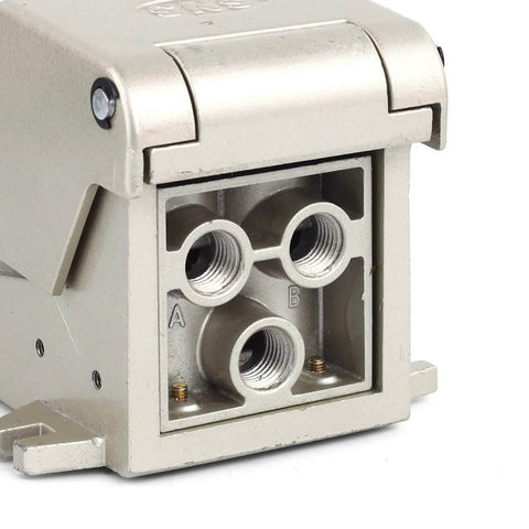 Close-up view of 1/4" NPT Latching Pneumatic Foot Operated Pedal Valve Switch 5 Way 2 Position with Protective Shield FOV-N320AC ports.