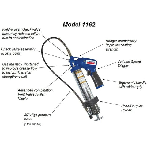 Heavy Duty Pneumatic Grease Gun With 30 Inch High Pressure Hose And 6000 PSI Power, labeled parts and features on white background.