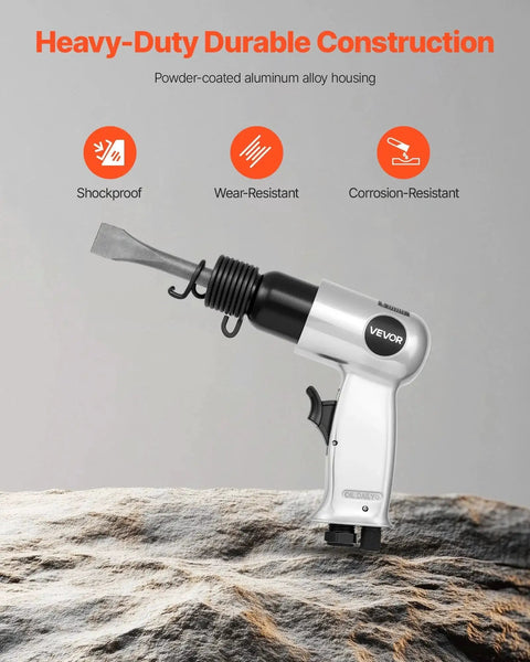 High-impact pneumatic hammer delivers 4500 BPM with a 1.57 in stroke, shown with alloy housing and chisel attachment.
