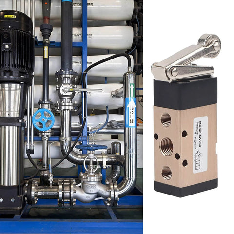 Industrial setup with 2 Position 5 Way Pneumatic Hand Pull Valve Roller Type Pneumatic Mechanical Valve 1/4" PT Port Aluminum Alloy
