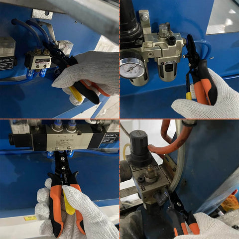 Push To Connect Fittings Disconnect Tool For 3/8 And 1/2 Inch Pneumatic Air Hose Quick Connects in use on machinery