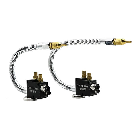 No Leak Mist Coolant Lubrication Spray System for lathe and milling machines, showing dual pneumatic mist cooling sprayer units with accessories.