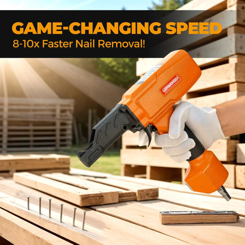 Pneumatic Nail Puller Denailer for Reclaimed Wood Pallets Fences Barn Wood and Decks in use for efficient nail extraction.