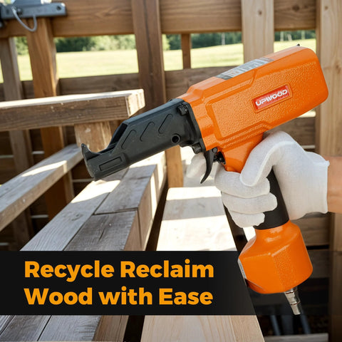 Pneumatic Nail Puller Denailer For Reclaimed Wood Pallets Fences Barn Wood And Decks With Lightweight Aluminum Body At 80 120 PSI Provides Efficient Nail Extraction To Salvage Boards From Soft To Medium Hard Woods, shown in use on a wooden deck.