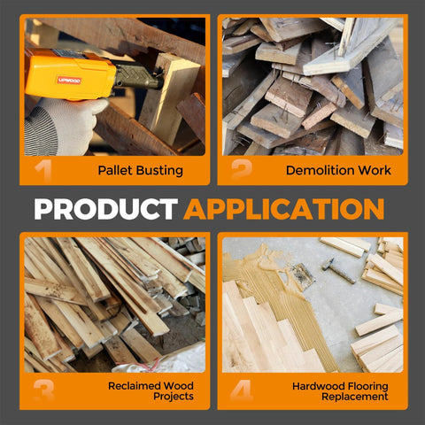 Four images showing uses of a pneumatic nail puller denailer for reclaimed wood pallets, fences, barn wood, decks.