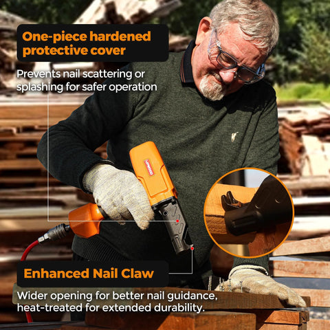 Man using pneumatic nail puller denailer for reclaimed wood pallets fences barn wood and decks with lightweight aluminum body at 80 120 PSI.