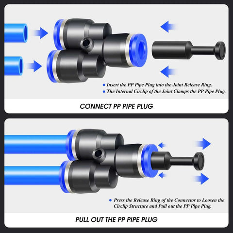 Quarter Inch Push To Connect Pneumatic Fitting Plug Made From PBT Resin Plastic Black No Fuss Quick Install diagram