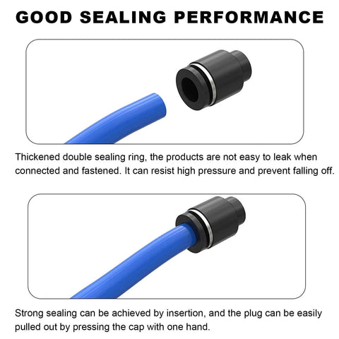 30 Pack Pneumatic Cap Style Plug Fittings Set With Push To Connect Air Line Plugs attached to blue tubing