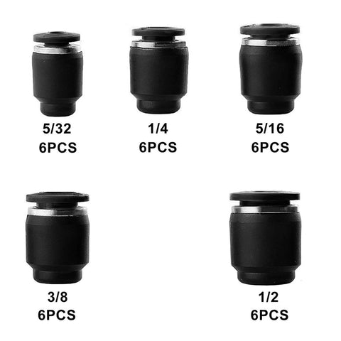 Front view of 30 Pack Pneumatic Cap Style Plug Fittings Set With Push To Connect Air Line Plugs For Five Thirty Second Inch One Quarter Inch Five Sixteenth Inch Three Eighth Inch And One Half Inch Tubing Durable PBT Body POM Release Button Zinc Alloy Ferrule showing five different sizes.