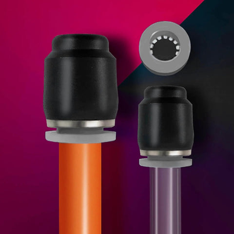 Side view of 30 Pack Pneumatic Cap Style Plug Fittings Set With Push To Connect Air Line Plugs For Five Thirty Second Inch tubing