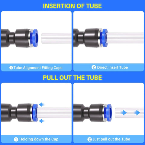 Diagram of how to insert and pull out tubing using the 30 Pcs Pneumatic Straight Push Connectors Set Plastic Quick Release Air Line Fittings.