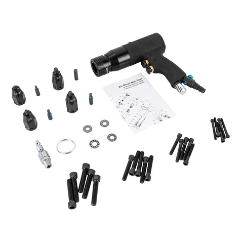 Industrial Grade Pneumatic Rivet Nut Gun Kit With Heads For 10-24 1/4 5/16 And 3/8 Inch Sizes Quick Change Nosepiece 20 Mandrels Included