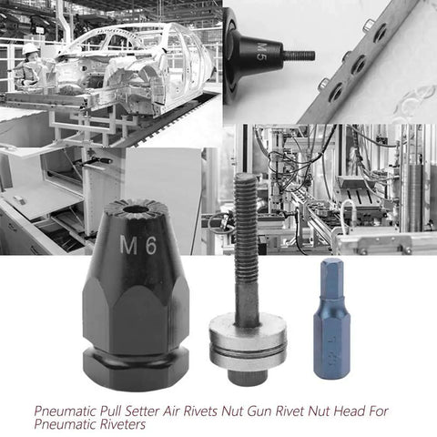Pneumatic Rivet Nut Head Set For Air Riveters M5 M6 M8 M10, Four Size Kit With Hex Straight Shank displayed with attachments.